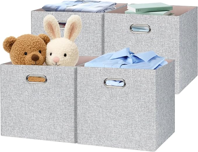 Posprica Collapsible Storage Bins,13×13 Foldable Storage Cube Boxes Fabric Drawer Fabric Storage Bins Vinyl Record Woven Gray