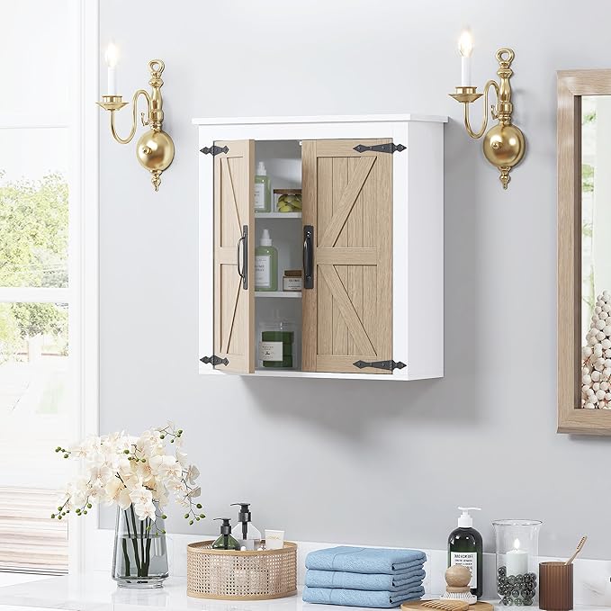 Spirich Bathroom Wall Cabinet Over Toilet, Farmhouse Wall Mounted Medicine Cabinet Organizer with Wood Grain Barn Doors and A