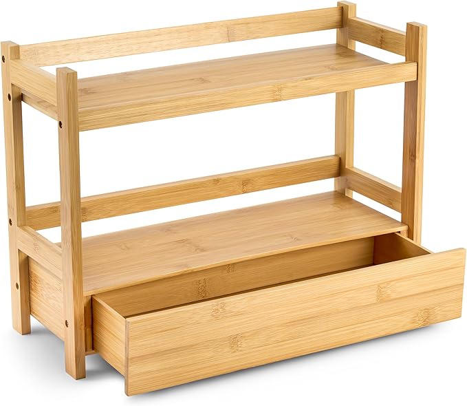 Sorbus Bamboo Bathroom Counter Organizer – 2-Tier Shelf with Hidden Drawer for Vanity, Matcha Station, Bathroom Sink Organize