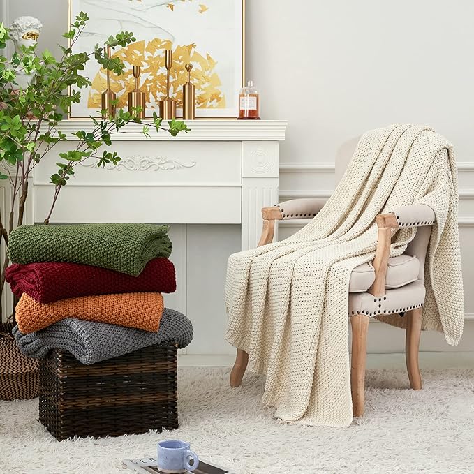 Chunky Cable Knit Throw Blanket Lightweight Burnt Orange 100% Organic Cotton Blanket for Sofa Couch Bed Baby Nursery, Rustic 