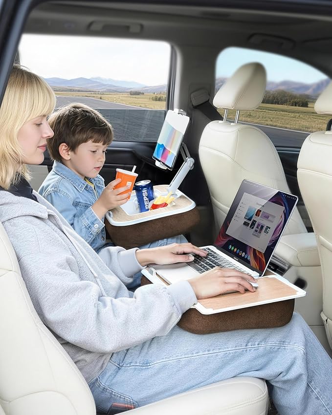 Car Desk for Laptop with Mouse Pad, Car Tablet Holder Back Seat for Kids, Car Tray Table for Front Seat Passenger, Portable Soft Pillow Stand for Vehicle Bed Sofa - Wood Grain