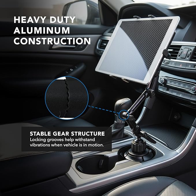 Mount-It! Premium Cup Holder Tablet Mount Fits Vehicle Cupholders 2.75"–3.5" in Diameter, Adjustable Tray for 7"–11" Tablets, Heavy-Duty Aluminum Arm, Full Motion Swivel & Secure Lock Cars Trucks SUVs