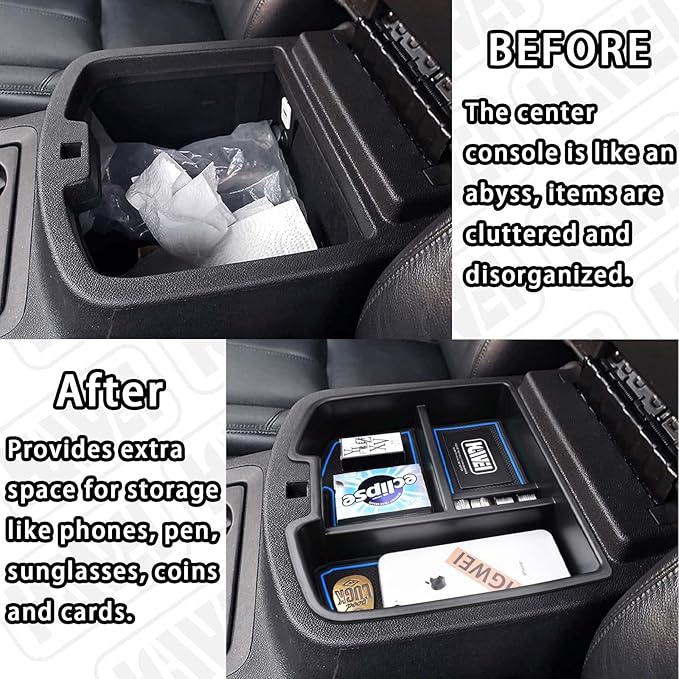 Center Console Organizer Compatible with 2007-2014 Chevy Silverado GMC Sierra Avalanche Tahoe Suburban Yukon Yukon XL Accessories, Floor Mounted Center Console ONLY,Blue Trim