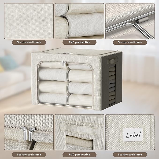 FHSQX 6 Pack Clothes Storage Bins with Metal Frame- Foldable Storage Bins for Clothes Linen Fabric Storage Box with Opening C