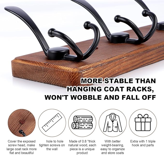 Large Coat Rack Wall Mount 38.6'' Rustic Wood Coat Rack Hook Long Coat Hooks Wall Mount Farmhouse Wall Hooks for Hanging Coat