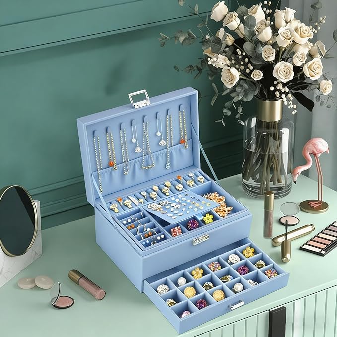 QBestry 3-Layer Jewelry Box for Girls & Teens with Lock and Key, Large Jewelry Organizer with 8 Necklace Hooks & 56 Earring H