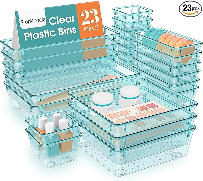StorMiracle 23 PCS Drawer Organizer Set, 5 Varied Size Bathroom and kitchen Drawer cabinet organizer Trays, Clear Storage Bin