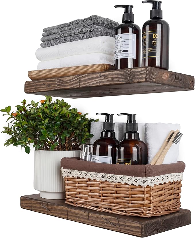 BGMG Floating Shelves 16 inch Long, Distressed Rustic Wooden Wall Shelves for Bathroom Living Room Bedroom Kitchen Farmhouse 