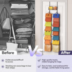 SWTYMIKI Over The Door Purse Organizer - Wall Mounted Purse Rack with 16 Hooks and Metal Basket, Handbag Hanger Organizer Hol