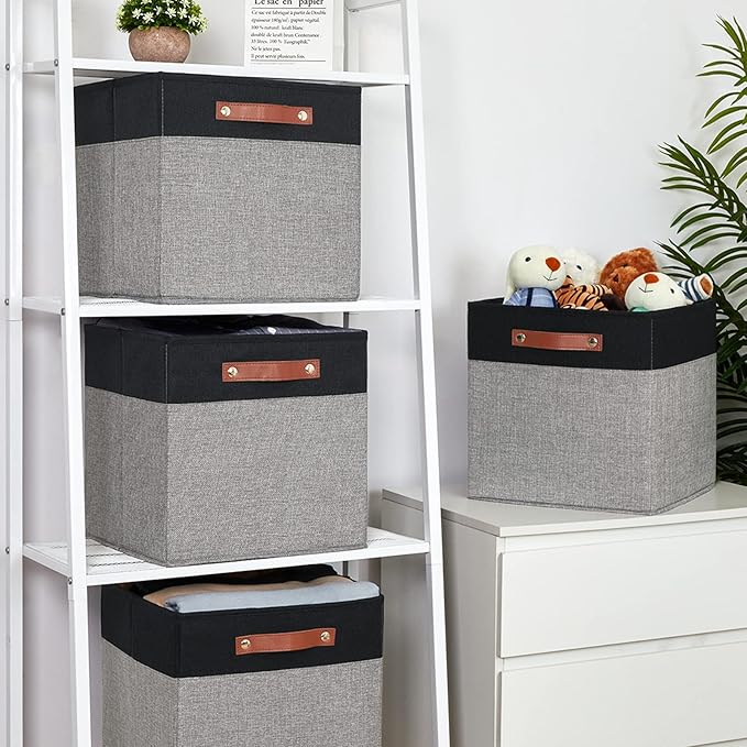 Temary 13 x 13 Storage Cubes Foldable Storage Cubes 4 Pack Canvas Storage Bin for Home, Square Storage Baskets with Leather H
