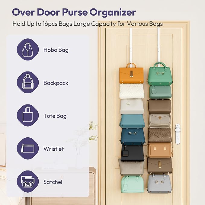 SWTYMIKI Over the Door Purse Organizer - 2 Packs Wall Mounted Purse Rack with 8 Hooks Design, Hanging Handbag Organizer Stora