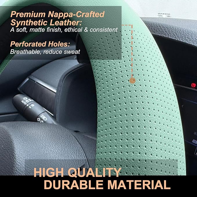 PINCTROT D Shaped Nappa Leather Steering Wheel Cover, Slim Fit No Bulk Design, One Piece Leather with Breathable Perforation,