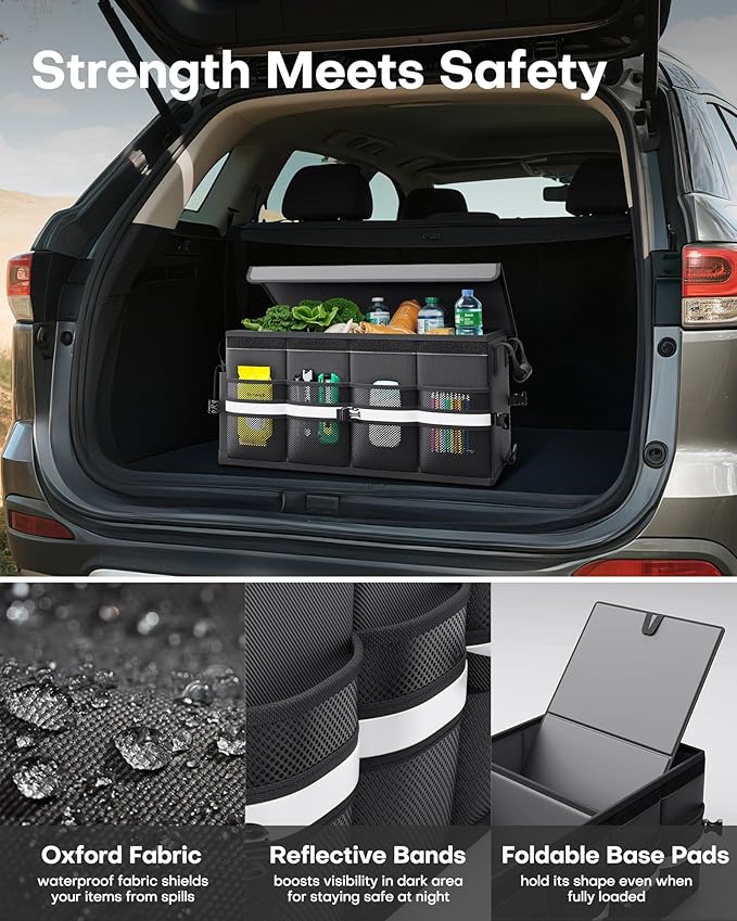 HOTOR Car Trunk Organizer - Foldable Trunk Organizer for SUV, Car Storage with Reflective Strips Securing Cover, Large Capacity