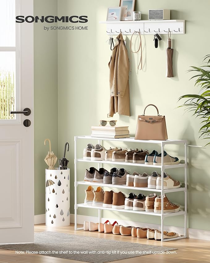 SONGMICS Shoe Rack, 4-Tier Shoe Organizer, Metal Storage Shelf, Upright or Upside Down, for 20-25 Pairs, Stackable, for Entry