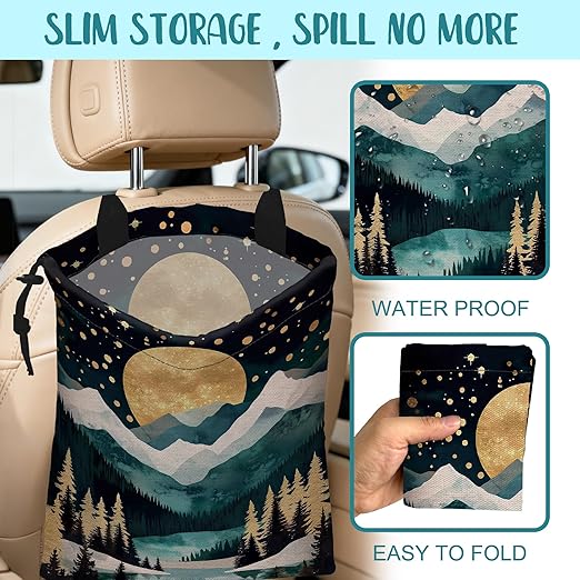 Car Trash Bag Golden Moon Snowy Mountains Hanging Drawstring Car Organizer and Storage Bag with Adjustable Buckle Canvas Garbage Bin for Back Seat or Hanging Headrest Car Decor