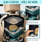 Car Trash Bag Golden Moon Snowy Mountains Hanging Drawstring Car Organizer and Storage Bag with Adjustable Buckle Canvas Garbage Bin for Back Seat or Hanging Headrest Car Decor