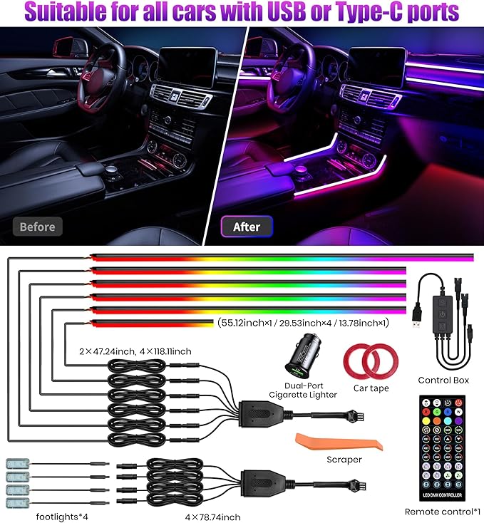 KENANEK 55.12inch Acrylic LED Lights for Car–6 Dreamcolor Interior Car LED Strip Light+4 footwell Lights, 3 Control Methods, Music Sync, Dual USB Cigarette Lighter, Universal Fit for Car/SUV/Truck