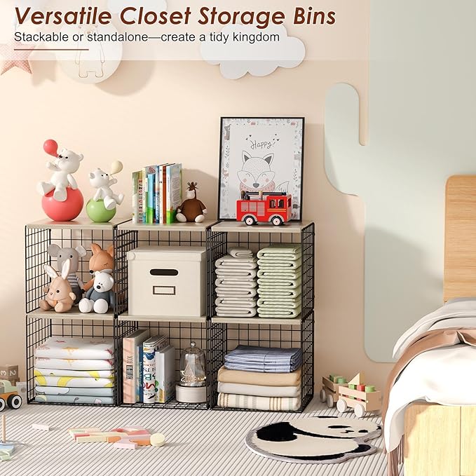 Hencawima 4-Tier Stackable Closet Organizers and Storage, Dual-Layer Reinforced Clothing Cube Shelves with Wood Tops, Sturdy 