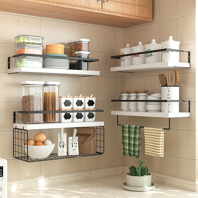 White Wood Floating Shelves Wall Mounted - 4+1 Tier Rustic Bathroom Wall Shelves Over Toilet with Wire Storage Basket and Tow