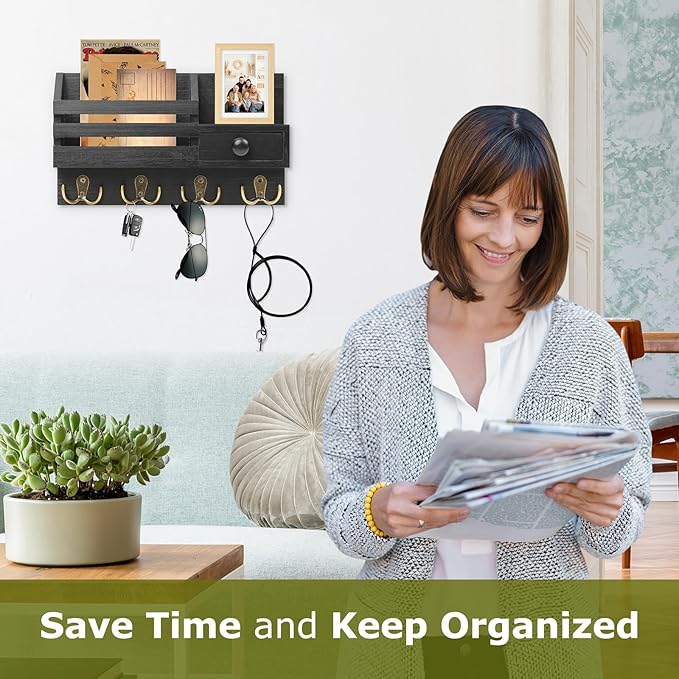 Key Holder Wall Mount, Wooden Adhesive Mail and Key Organizer with Drawer, Small Shelf, 8 Hooks, 2 Installation Methods, Blac