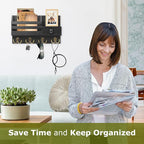 Key Holder Wall Mount, Wooden Adhesive Mail and Key Organizer with Drawer, Small Shelf, 8 Hooks, 2 Installation Methods, Blac