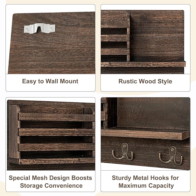 Dahey Wall Mounted Mail Holder Wooden Key Holder Rack Mail Sorter Organizer with 4 Double Key Hooks and A Floating Shelf Farm