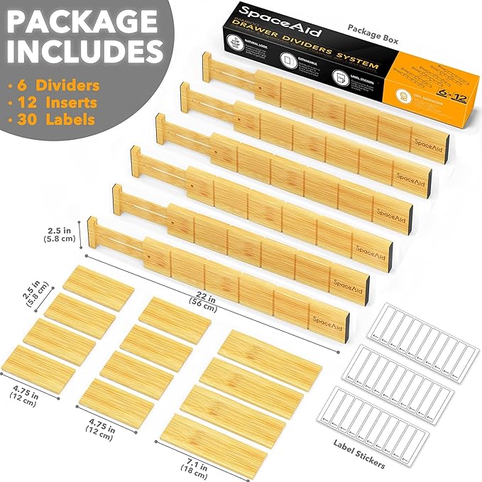 SpaceAid Bamboo Drawer Organizers with Labels, 4 Dividers with 9 Inserts (17-22 in), 6 Dividers with 12 Inserts (17-22 in)