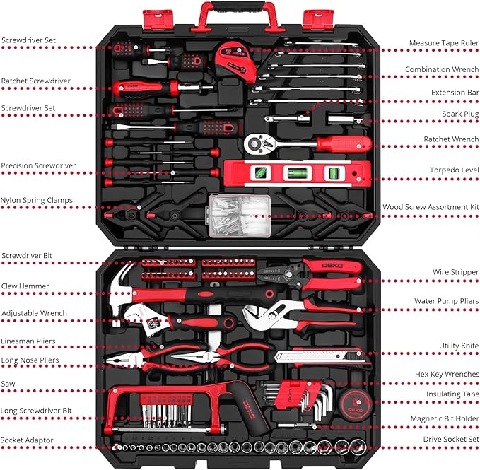 DEKOPRO Tool Set:228 Piece Home Tool Kit, Household Basic Repair Tool Set Comes with Plastic Storage Case, Socket Wrench Set 