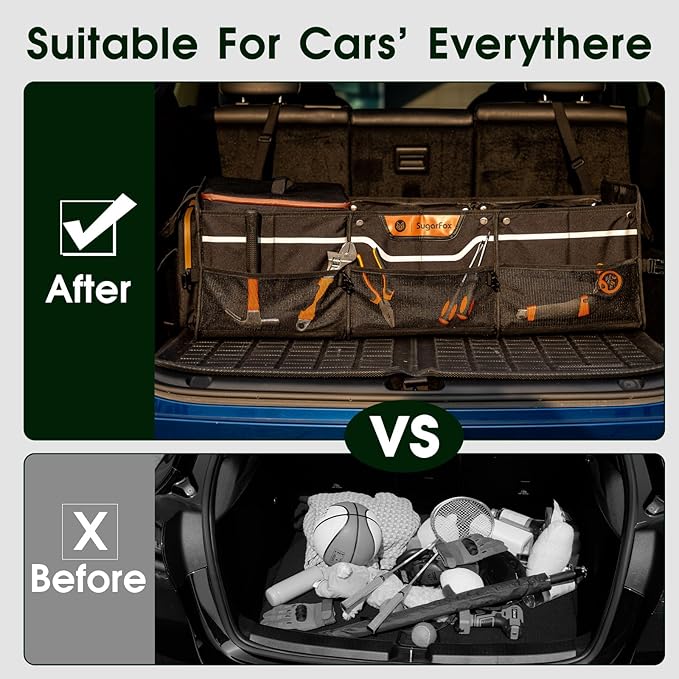 Car Trunk Organizer for SUV, Heavy Duty Waterproof Trunk Organizer, Foldable Collapsible Car Organizer with Cooler, Multi-Comp