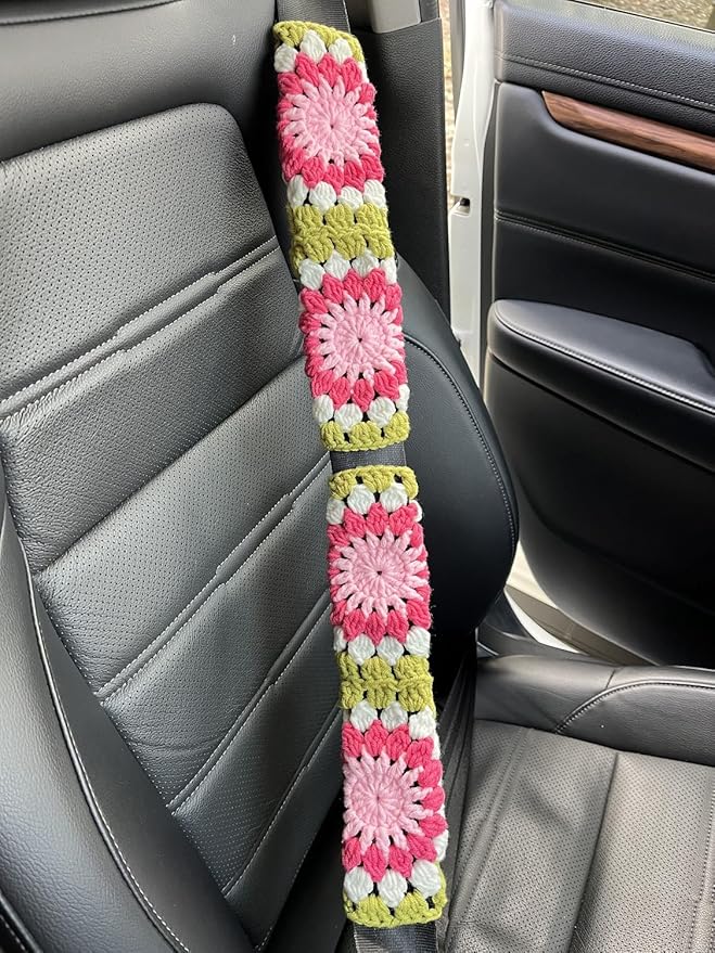 Crochet Sunflower Car Steering Wheel Covers Universal 14-15 inch for Women/Men (A:Wheel Cover+2 Belt Cover)