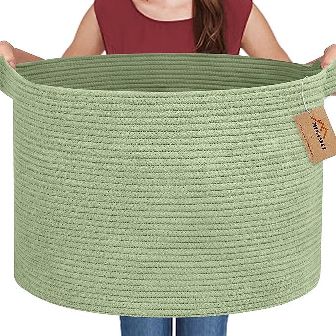 MEGASKET Extra Large Green Basket, 22" X 22" X 14" Woven Cotton Rope Baskets for Blankets, Nursery Laundry Basket, Cute Kids 