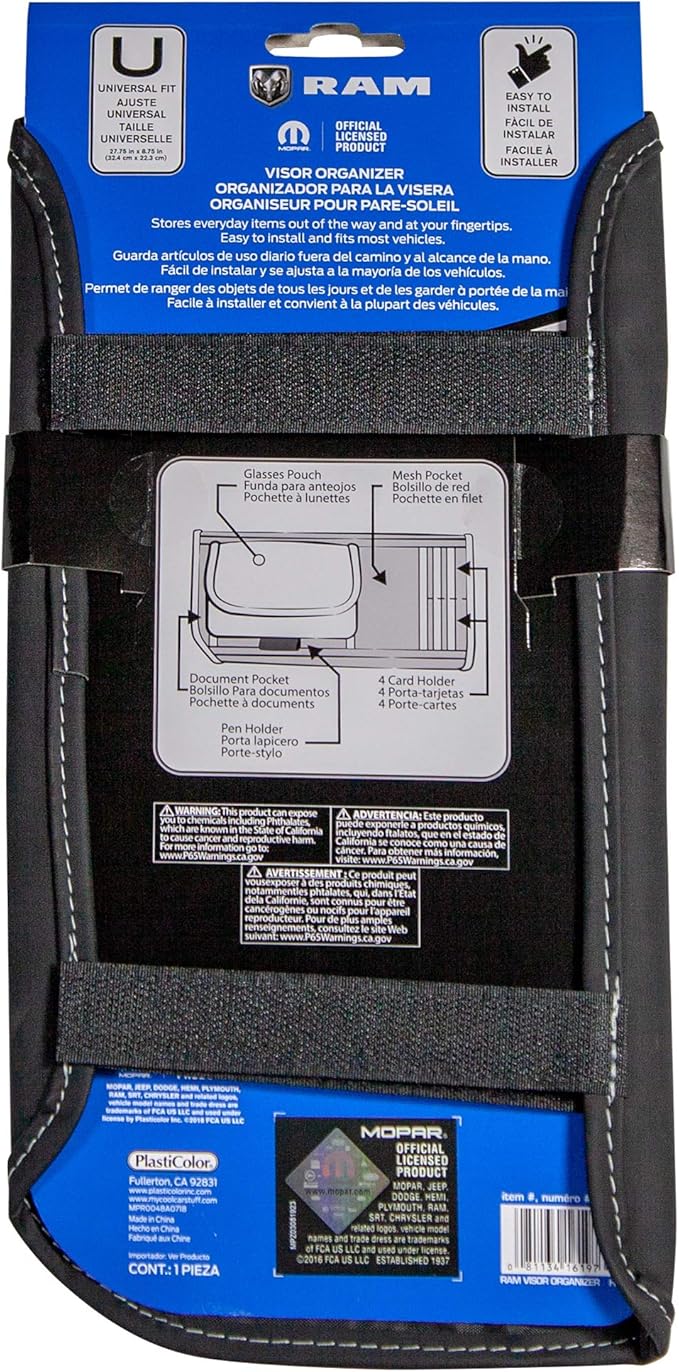 Plasticolor 006197R01 RAM Logo Car Truck or SUV Sun Visor Organizer, Auto Interior Pocket Organizer, Registration and Document Holder, Personal Belonging Sunglass Storage Pouch Organizer