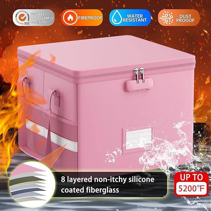 ENGPOW 5200°F File Box Fireproof Document Box with Lock,Heat Insulated Collapsible File Storage Organizer Box with Handle,Por