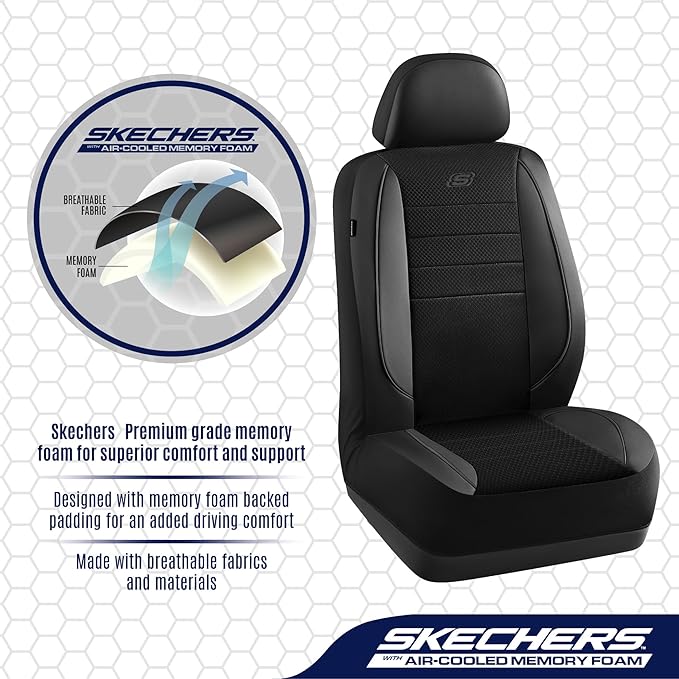 Skechers Air-Cooled Memory Foam Seat Covers,Mesh Thick Car Seat Covers,Piping Leather Car Seat Covers Front Seats,Airbag Comp