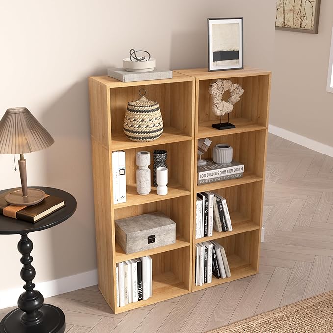 Wooden 4 Cube Storage Organizer, 4 Tier Tall Modern Bookshelf Freestanding Storage Display Organizer, Versatile Cubes Shelf a