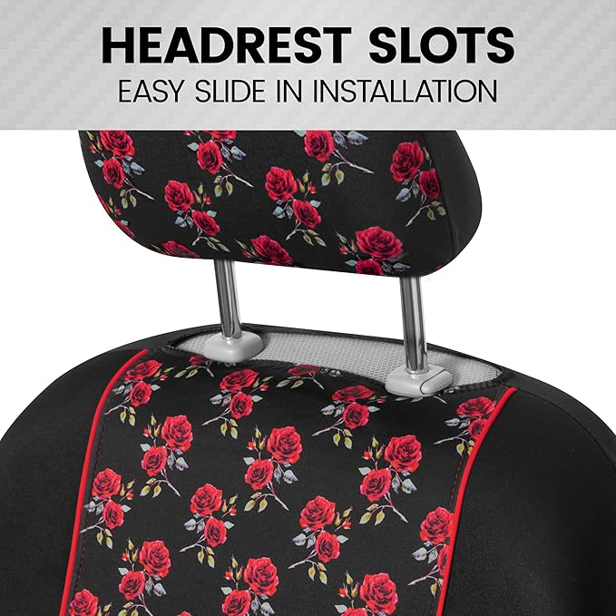 BDK Red Rose Car Seat Covers for Front Seats, 2 Pack – Flower Pattern Front Seat Cover Set with Matching Headrest, Sideless D