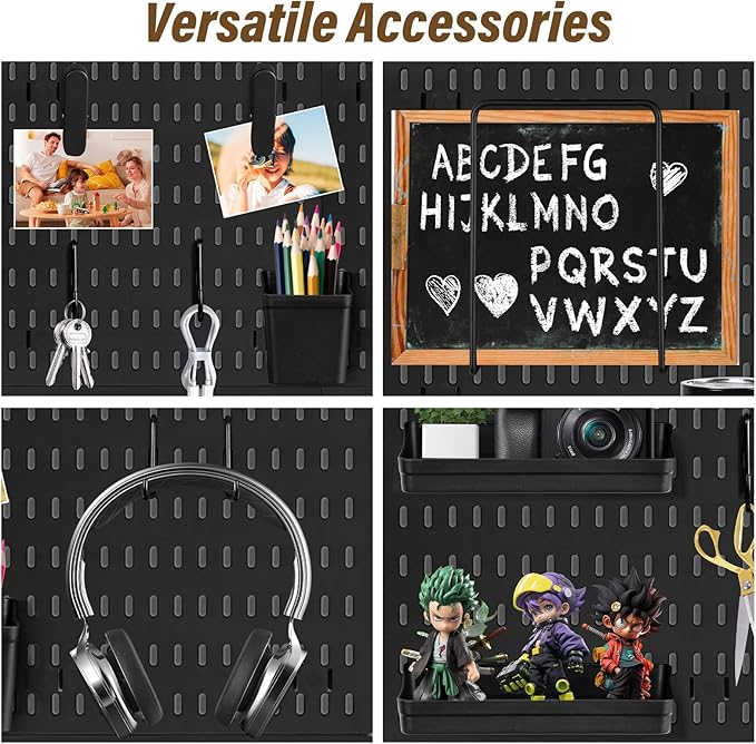 AKTOP Peg Board Wall Organizer 4-Pack – 12"x12" Black Pegboard Combination Kit with 13 Accessories for Wall, Plastic Peg Boar