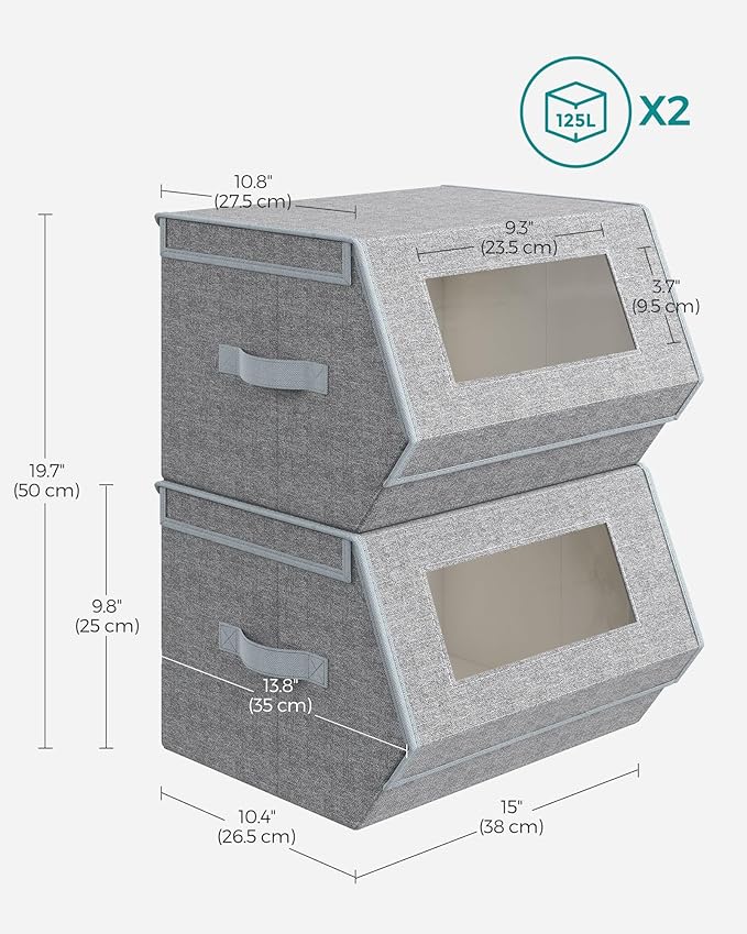 SONGMICS Stackable Storage Bins Set of 2, Storage Boxes with Lids and Front Windows, Non-Woven Fabric Closet Organizers with 