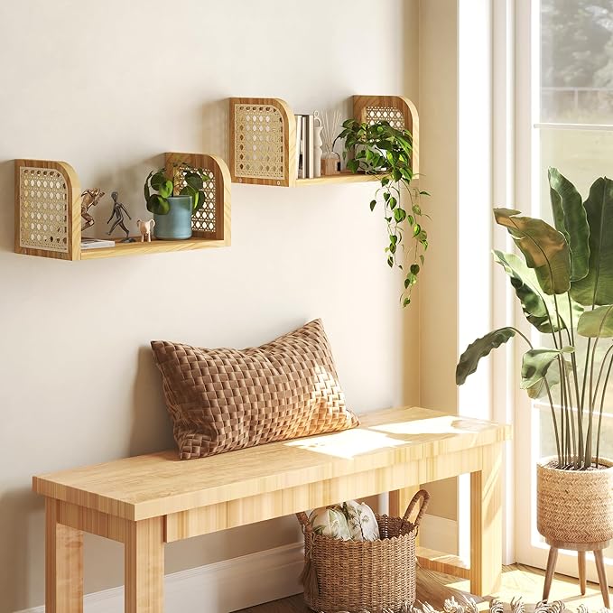 Rattan Shelf Set of 2, Natural 8 Inch Deep Wooden Hanging Bookshelf, Cute Nursery Shelves Wall Mounted, Boho Decorative Float