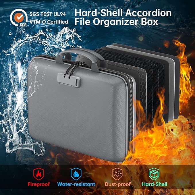 DocSafe Fireproof File Organizer with Lock, Hard-Shell Case Fireproof Document Box with 13 Pocket Accordion File Folder, Port