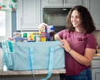 Extra Large Utility Tote Bag - Oversized Collapsible Reusable Wire Frame Rectangular Canvas Basket With Two Exterior Pockets For Beach, Pool, Laundry, Car Trunk, Storage - Light Blue
