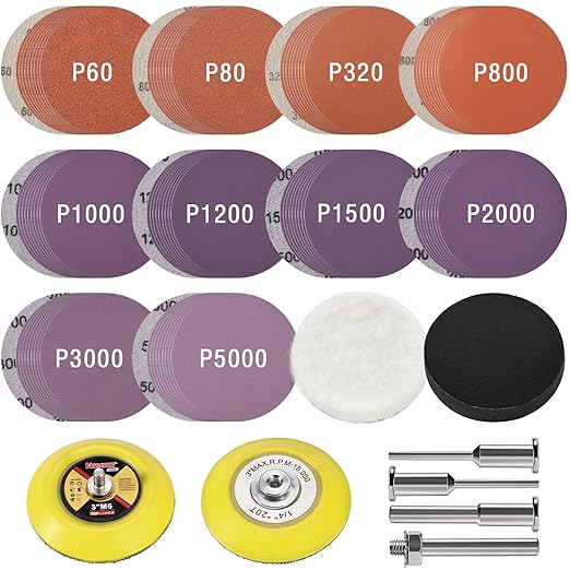 108Pcs 3 Inch Sanding Discs Drill Sanding Attachment, 60 80 320 800 1000 1200 1500 2000 3000 5000 Grit Sandpaper Hook and Loo