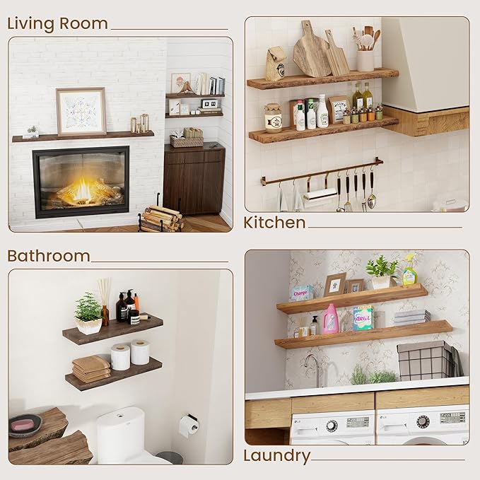Floating Shelves for Wall Decor, Rustic Solid Elm Wood Live Edge Floating Shelves Wall Mounted, Wall Shelves with Invisible B