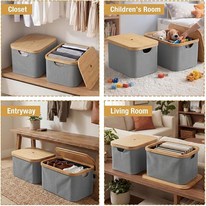 Novabright 2 Pcs Collapsible Storage Basket with Bamboo Lids 15" x 10" Foldable Fabric Storage Bins with Handles for Organizi