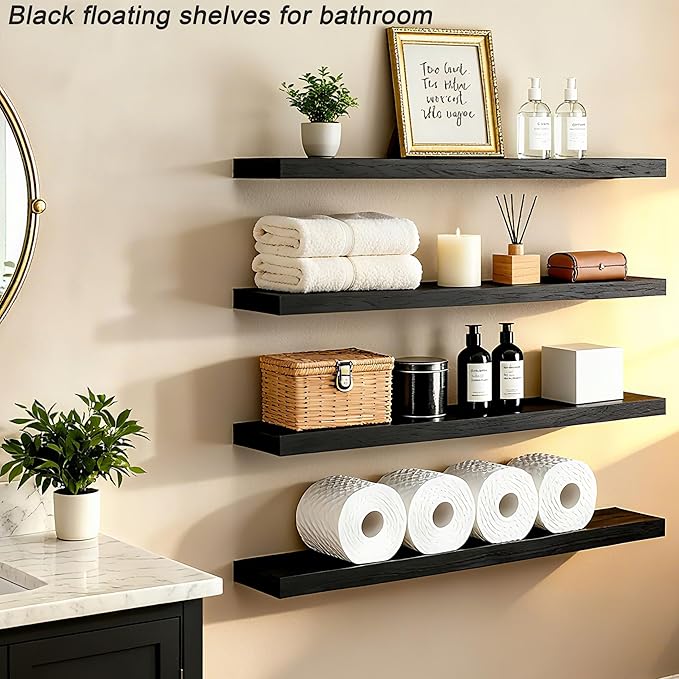 ROGMARS Black Floating Shelves for Wall 36 inch,Rustic Solid Wood Farmhouse Wooden Floating Wall Shelves with Invisible Brack