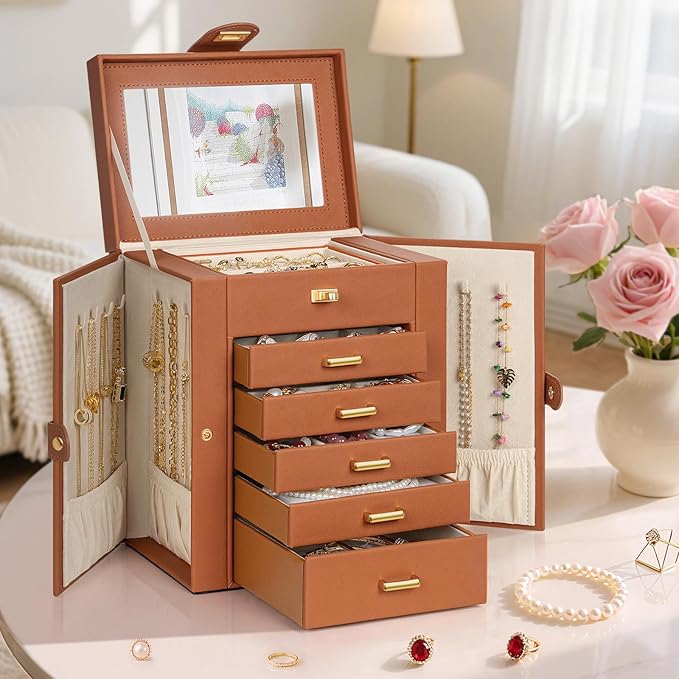AKOZLIN Jewelry Box Organizer Functional Leather Jewelry Storage Case for Women Girls Ring Necklace Earring Bracelet Holder O