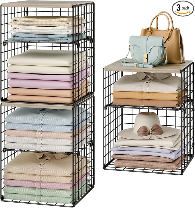 6-Tier Stackable Closet Organizers and Storage Basket, Set of 3 Closet Shelf Organizer with Adjustable Divider & Wood Top Boa