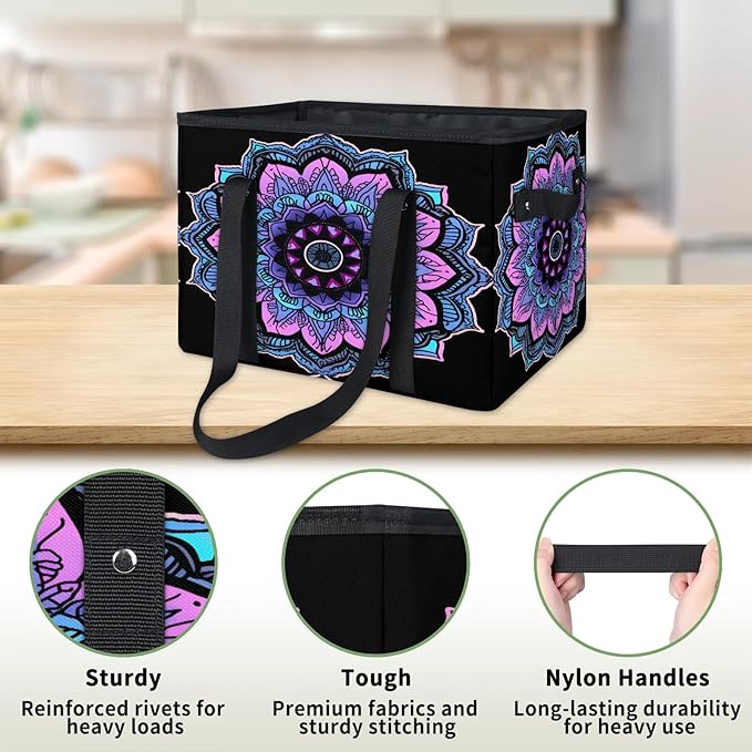Reusable Grocery Bags Heavy Duty Shopping Bags Foldable Large Tote Bags with Long Handles & Hard Bottom