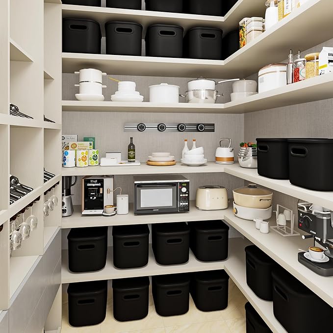 6 Pack Black Storage Bins with Lids for Shelves, Plastic Storage Containers with Lids for Organizing, Stackable Storage Boxes