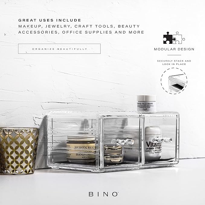 BINO THE MANHATTAN SERIES Acrylic Makeup Drawer Organizer- 2 Drawer Short | Clear Beauty Organizers and Storage| Cosmetic & M